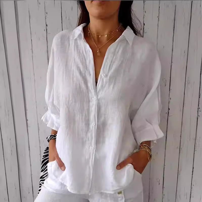 Women Light and Airy Blouse in Pure Linen with Button Placket and Wide Sleeves Lune London