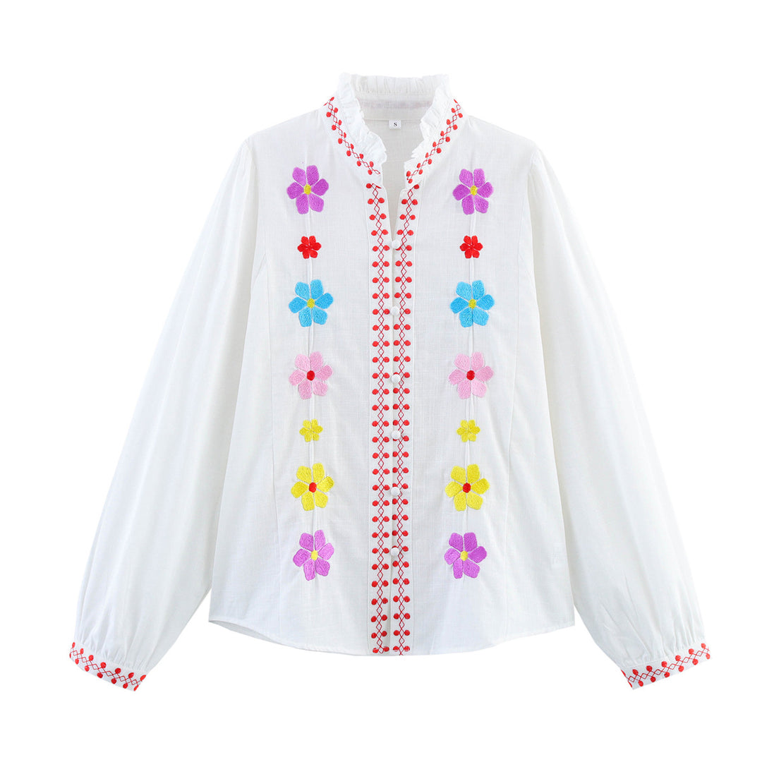 Shirt for women with colorful embroidery and romantic ruffled design Lune London