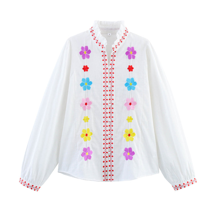 Shirt for women with colorful embroidery and romantic ruffled design Lune London