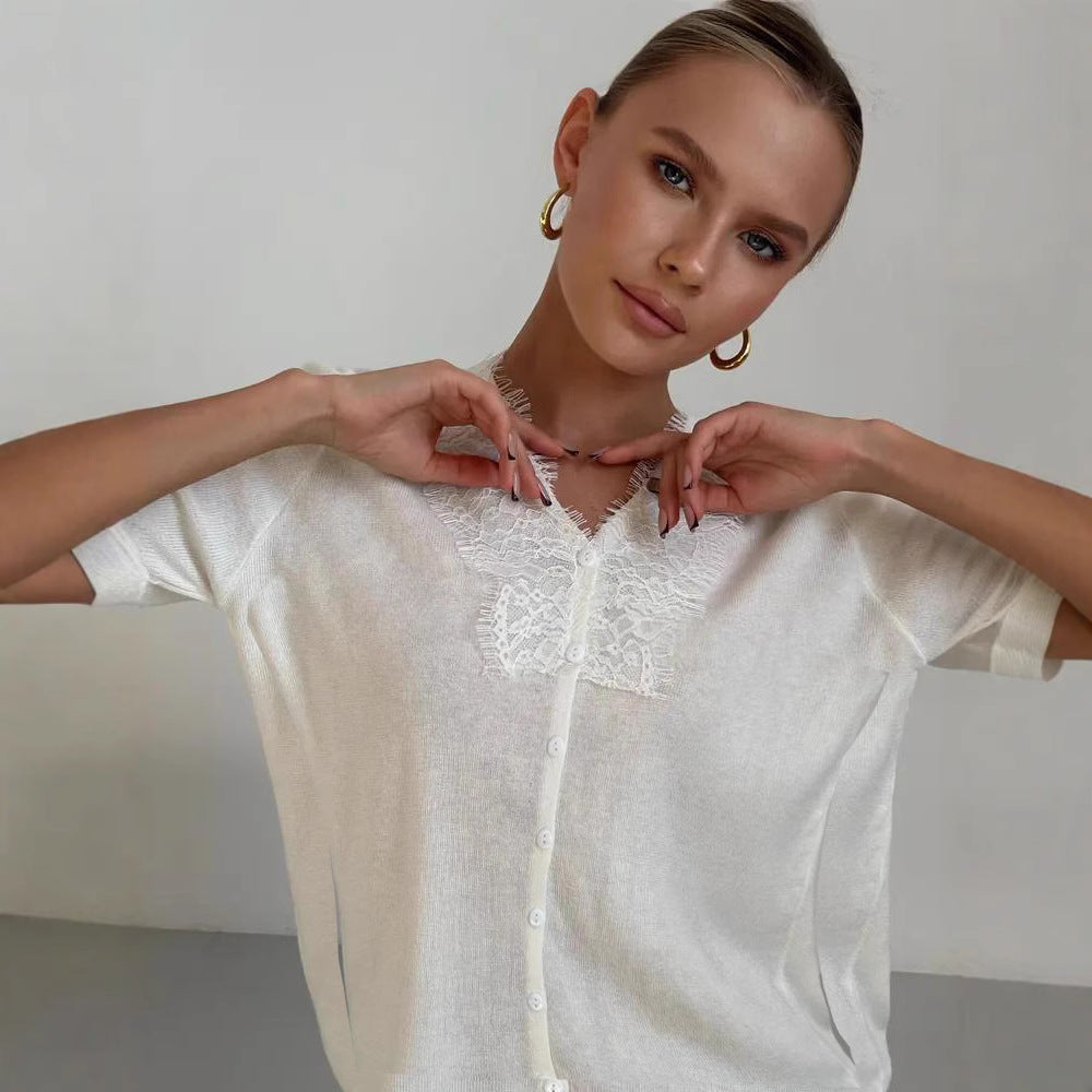 Knitted jacket for women with charming lace accents Lune London
