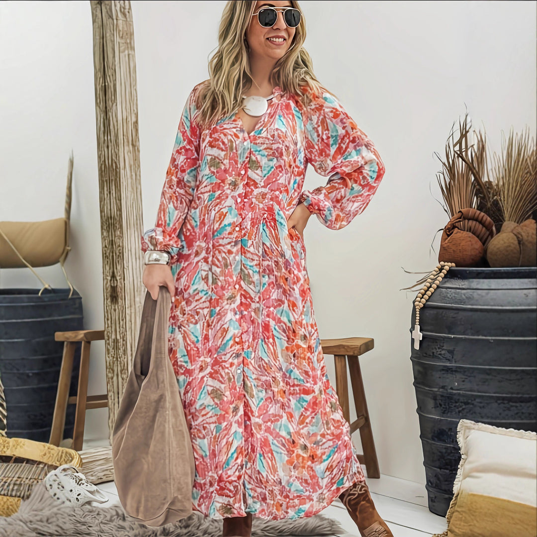 Maxi dresses for women with a colorful floral print and a slight V-neck Lune London