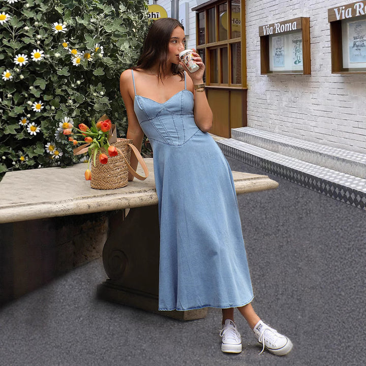 Women's maxi dress in denim style with fitted cut and spaghetti straps