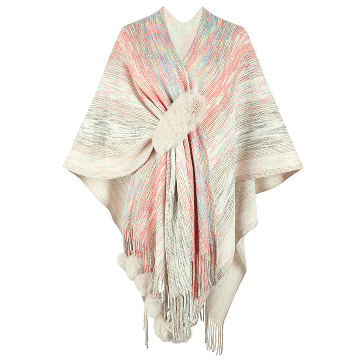 Ladies fashionable poncho with luxurious faux fur trim and creative fringes Lune London