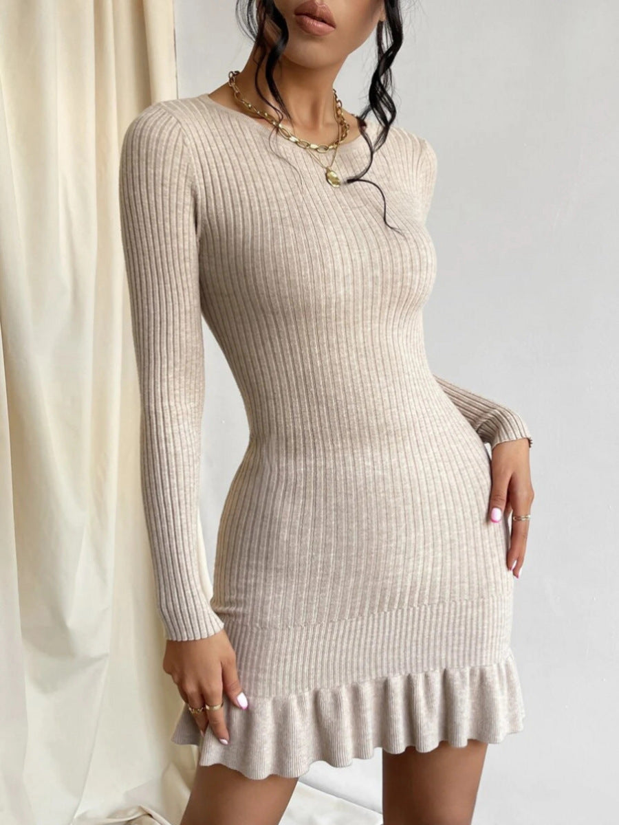 Knitted dress for women with gathered hem and fine ribbed pattern Lune London