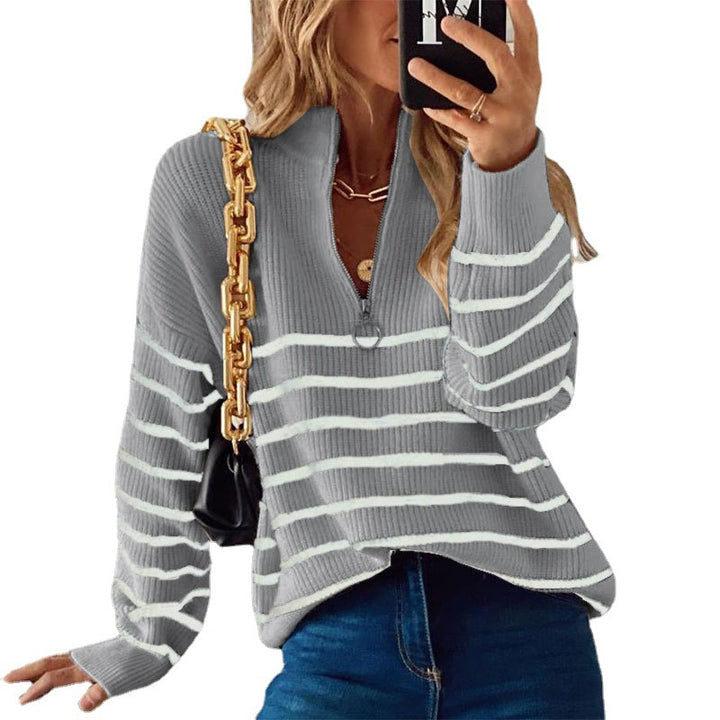 Pull en tricot confortable pour femmes avec zip et motif rayé Chic & Stil