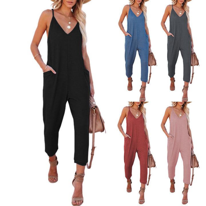 Ladies casual jumpsuit with deep V-neck and practical side pockets Lune London