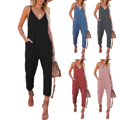 Ladies casual jumpsuit with deep V-neck and practical side pockets Lune London