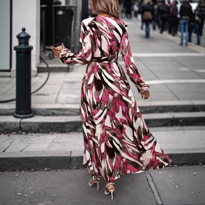 Ladies Elegant Maxi Dress with Floral Print and Chic Belt and Style