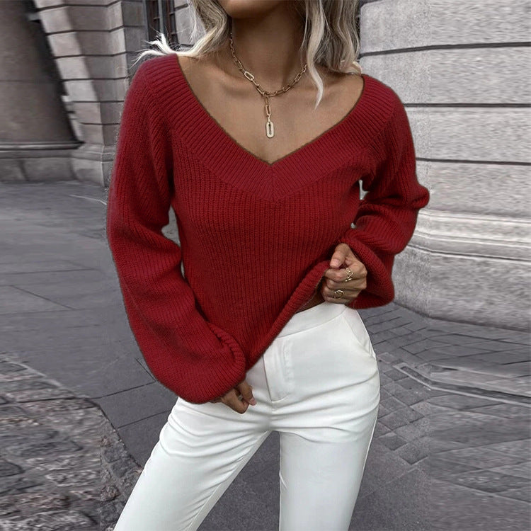 Knitted sweater for women with V-neck and wide sleeves Lune London