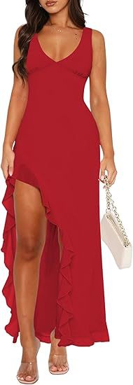 Women's maxi dress with asymmetric hem and ruffle details Lune London