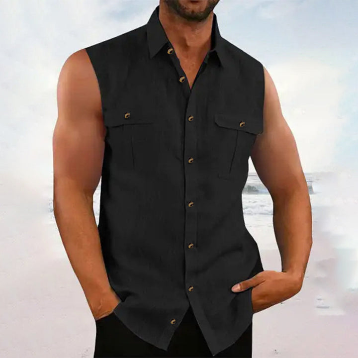 Sleeveless chambray shirt for men with chest pockets and button details Lune London