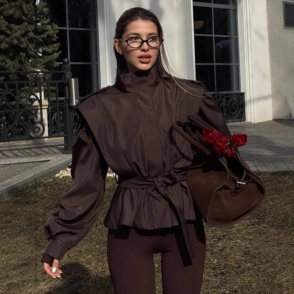Blouse for women with high collar and elastic belt Lune London