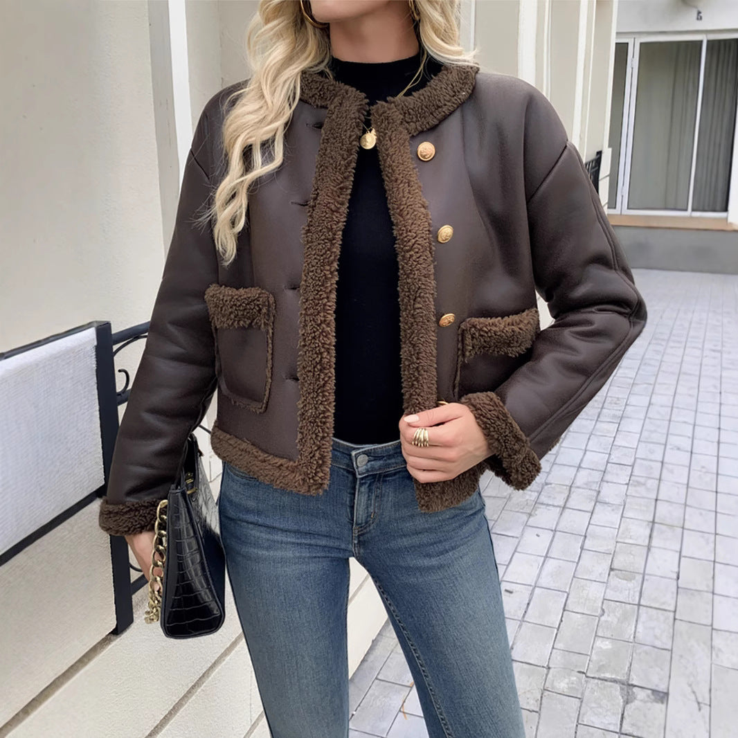 Leisure jacket for women with soft faux fur trims and button closures Lune London