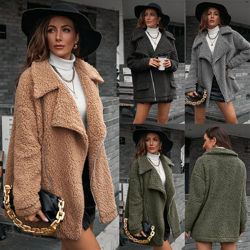 Comfortable teddy jacket for women with asymmetric lapels and practical pockets Lune London