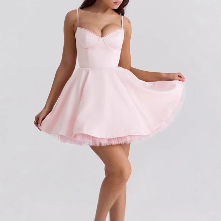 Women's Skater Dress with Delicate Spaghetti Straps and Elegant Waist Corset Lune London