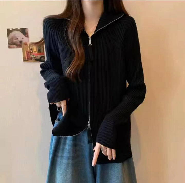 Knitted jacket for women with high collar and zipper Lune London