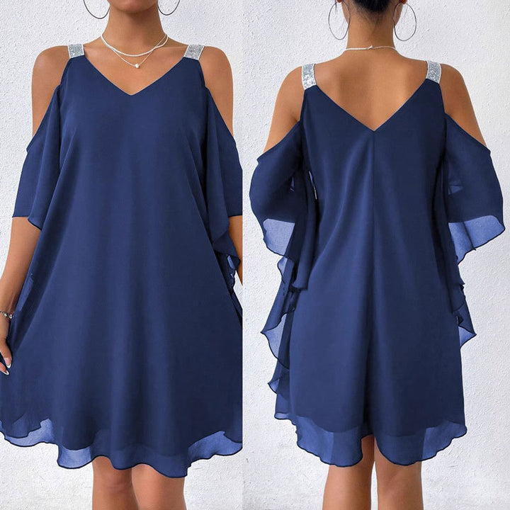 Asymmetrical V-neck dress with off-the-shoulder Lune London
