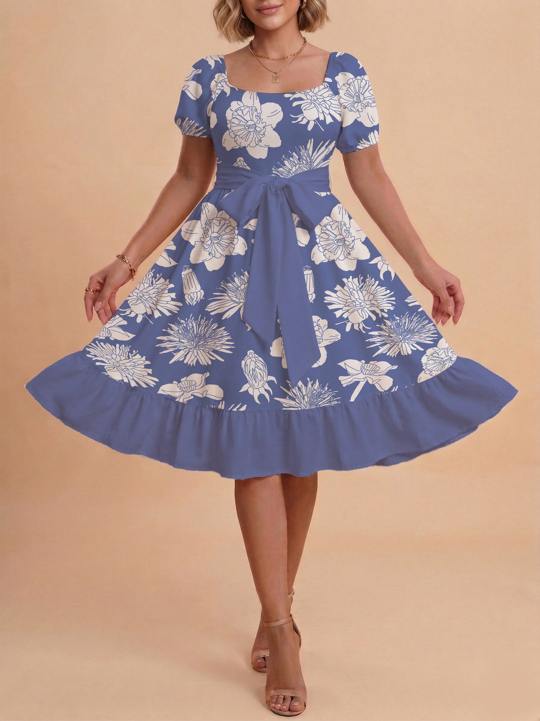 Women A-line dress with floral motifs and adjustable belt Lune London