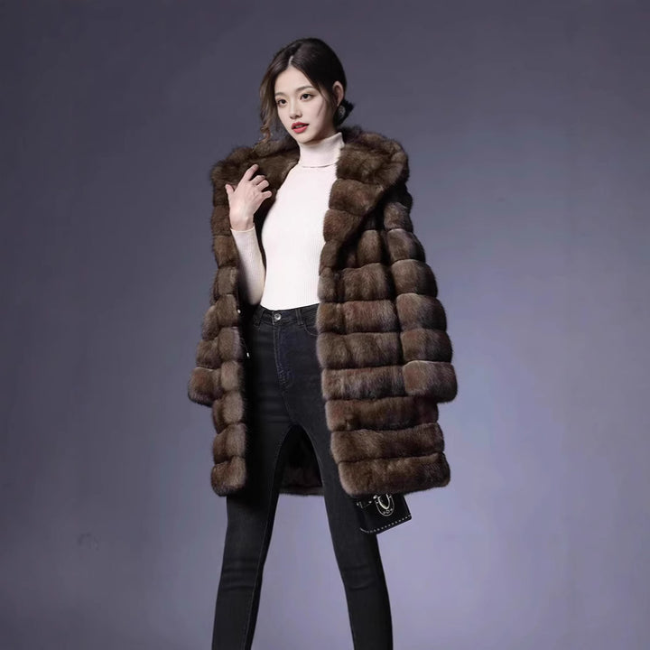 Luxury hooded coat for women in high-quality faux fur Lune London