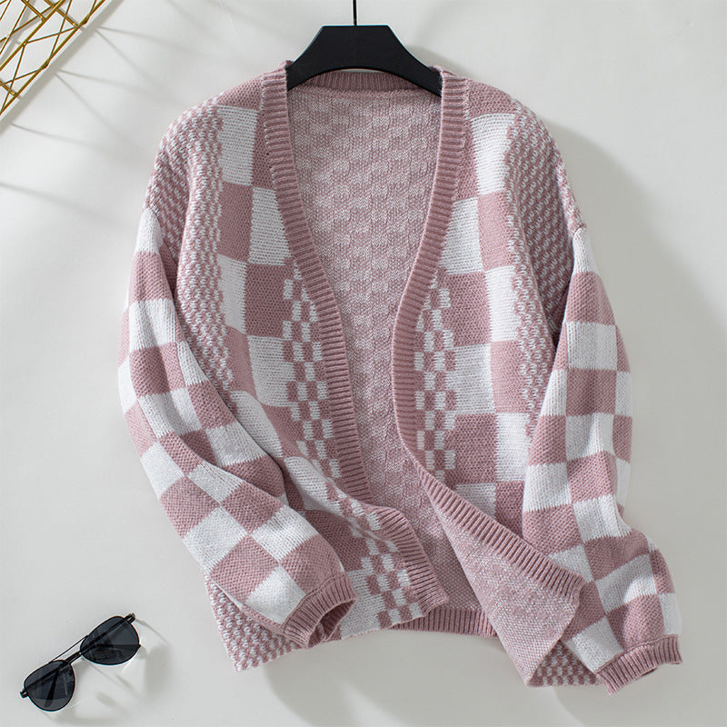 Lune London trendy check pattern casual cardigan for women