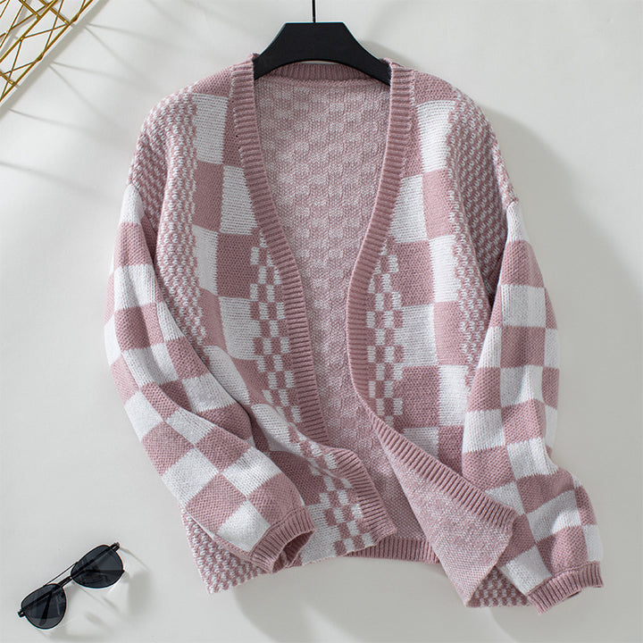 Lune London trendy check pattern casual cardigan for women