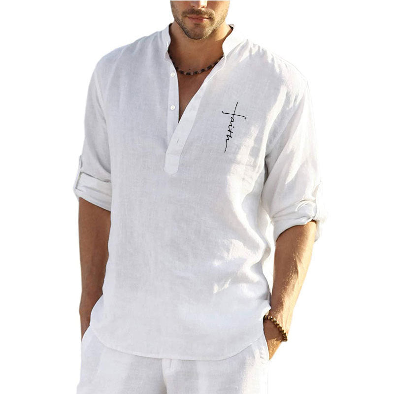 Casual linen shirt for men with a short stand collar and decorative button closure Lune London