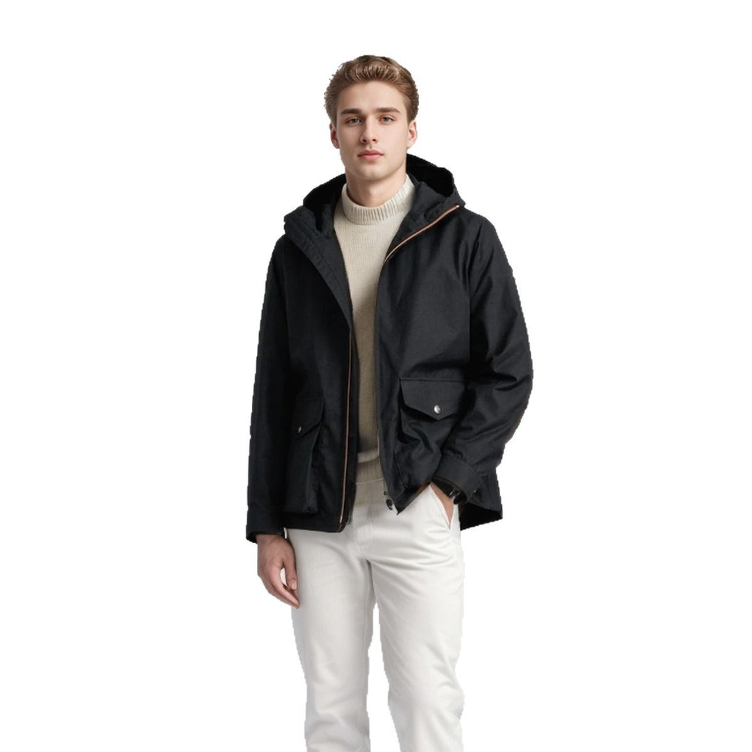 Transitional jacket for men with practical pockets and adjustable hood collar Lune London