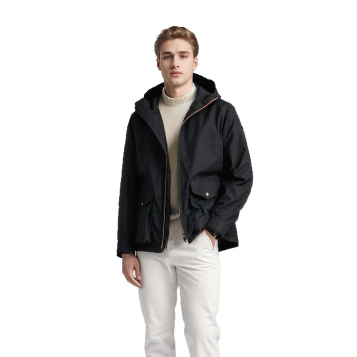Transitional jacket for men with practical pockets and adjustable hood collar Lune London