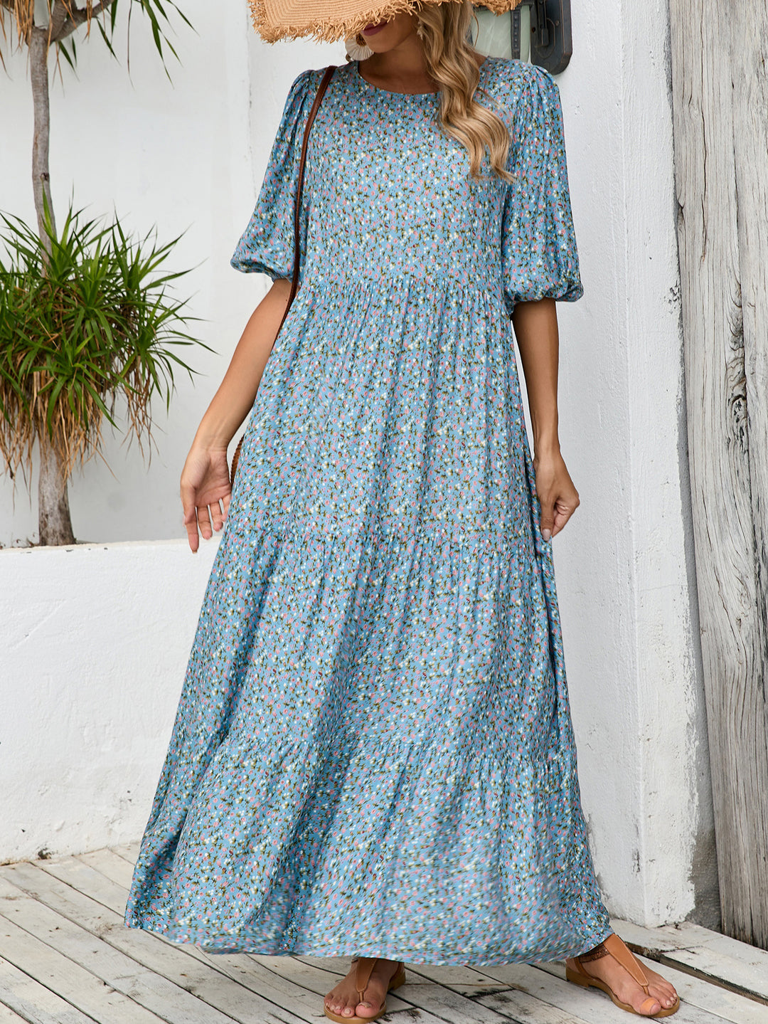 Lune London bohemian maxi dress for women with puff sleeves