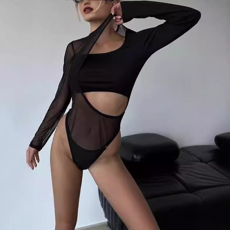 Women's bodysuit with asymmetrical design and transparent sleeves Lune London