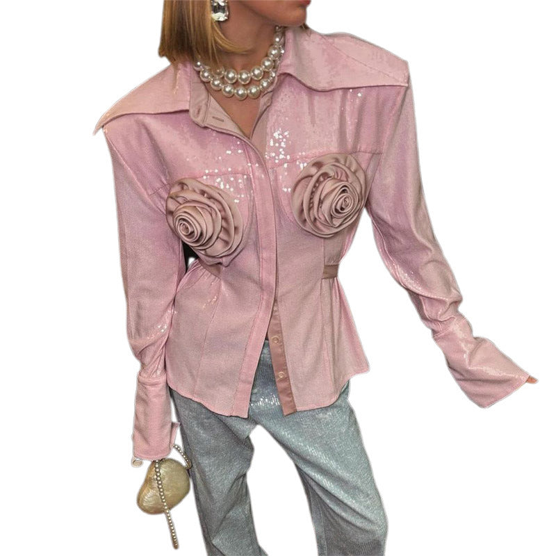Women's glamour blouse with 3D rose appliqués and sequins Lune London