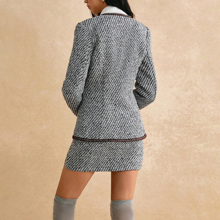 Ladies elegant tweed suit with textured jacket and chic dress