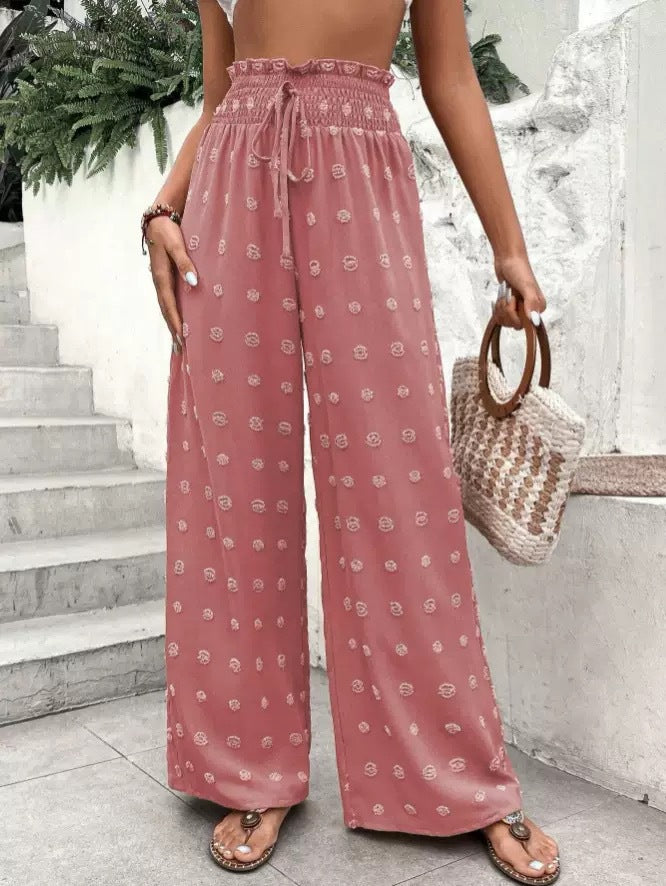 Ladies Wide Palazzo Pants with Subtle Pattern and Elastic Belt Lune London