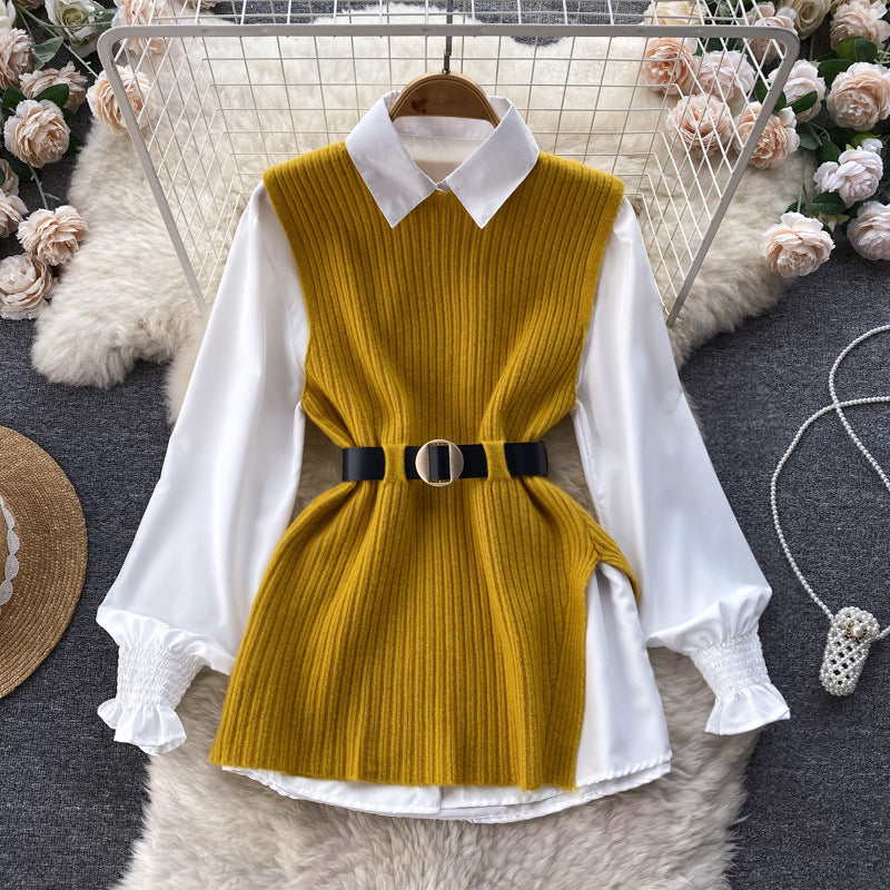 Fashion knitted cardigan for women with an elegant shirt underneath Lune London