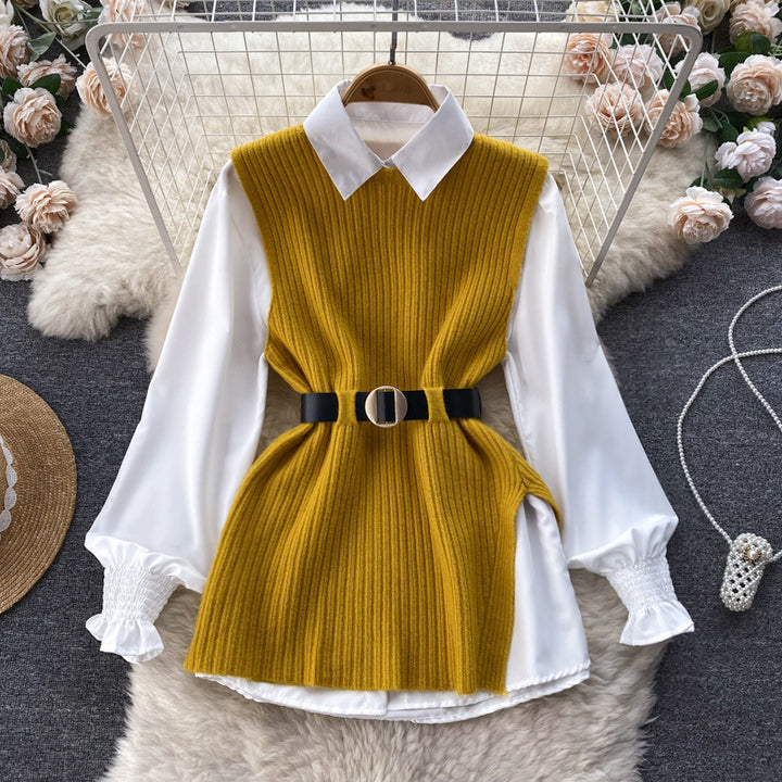 Fashion knitted cardigan for women with an elegant shirt underneath Lune London