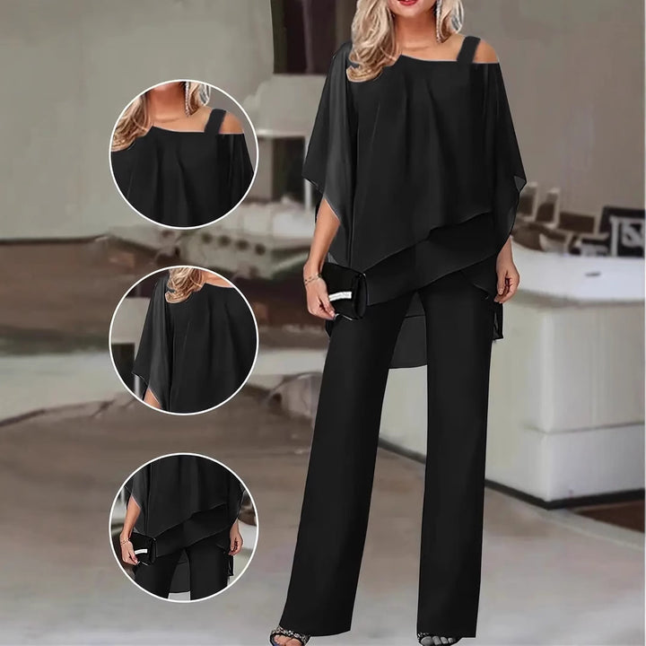 Ladies Elegant Two Piece Set with Fluid Top and Chic Flared Pants