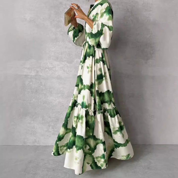 Maxi dress for women with a modern watercolor pattern and a voluminous skirt Lune London
