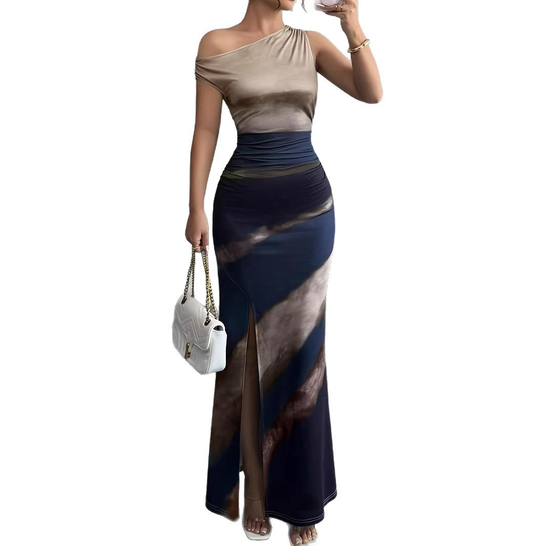 Ladies Elegant Maxi Dress with Asymmetrical Neckline and Side Slit Lune London