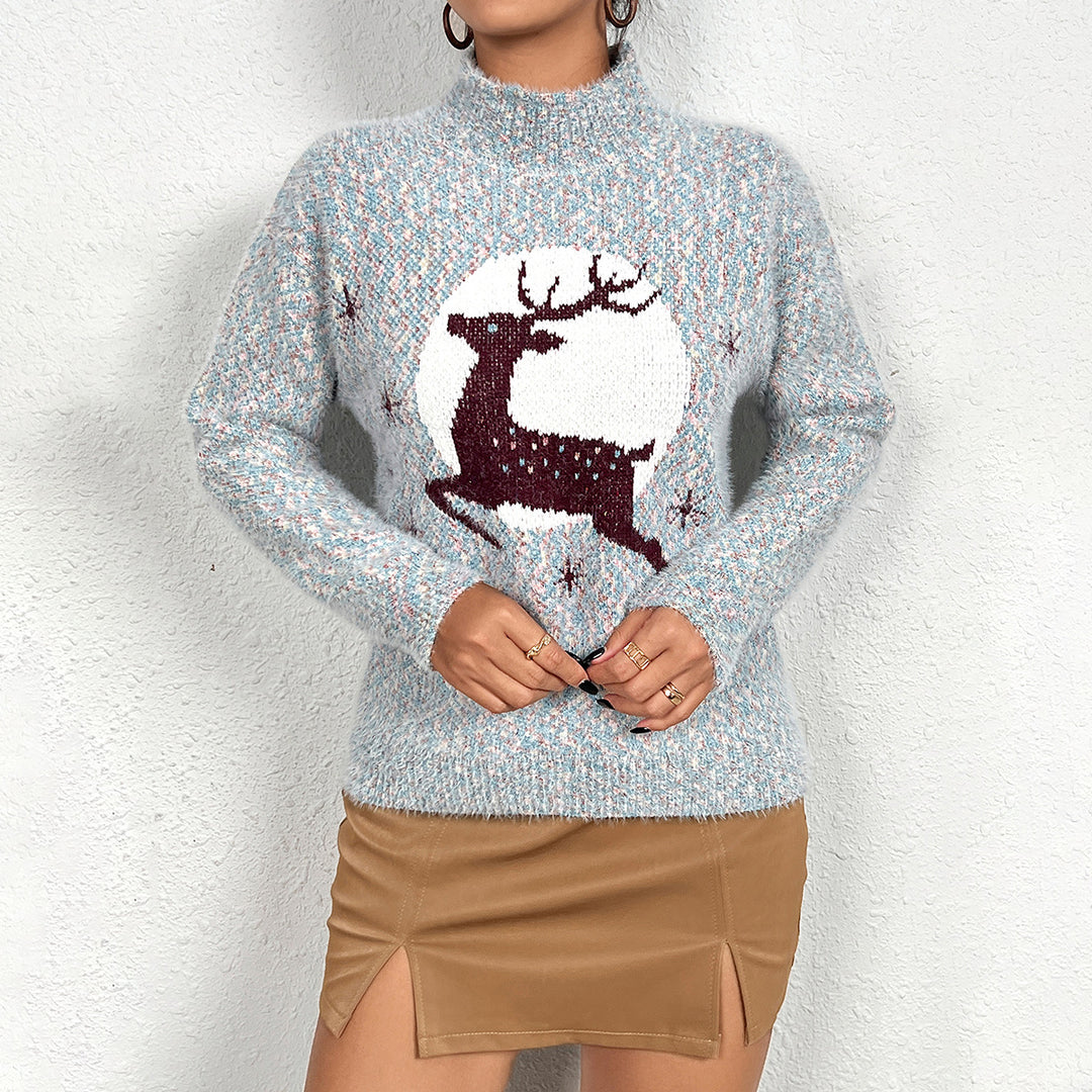 Knitted women's sweater with festive reindeer pattern and high collar Lune London