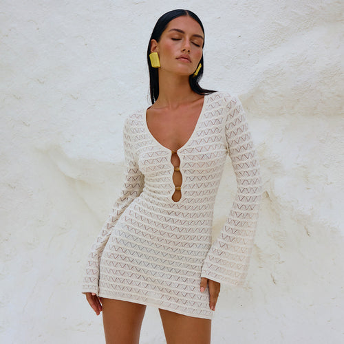 Fitted mini dress for women with plunging neckline and flared sleeves Lune London