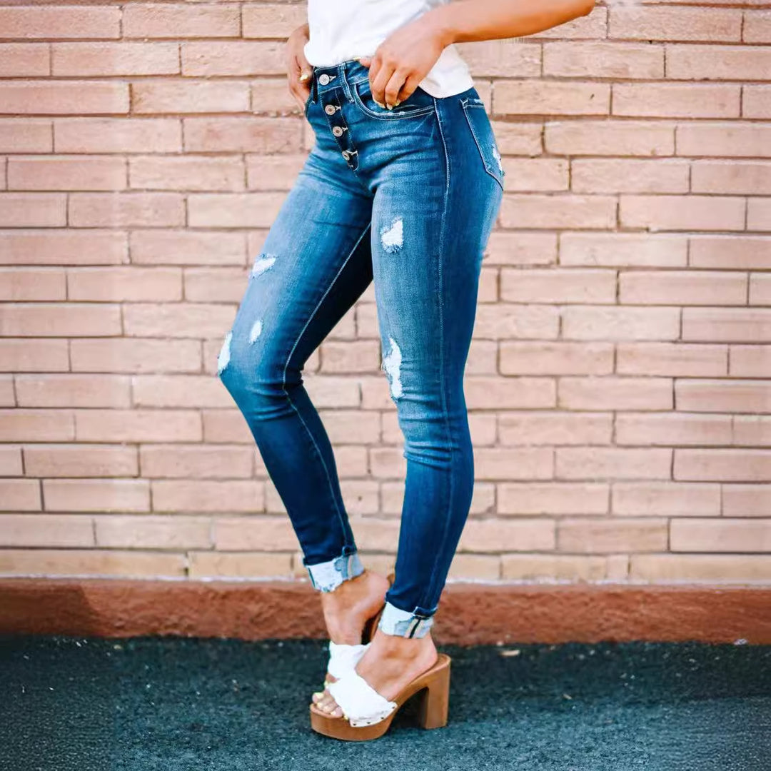 High-waisted skinny jeans for women with frayed hem Lune London