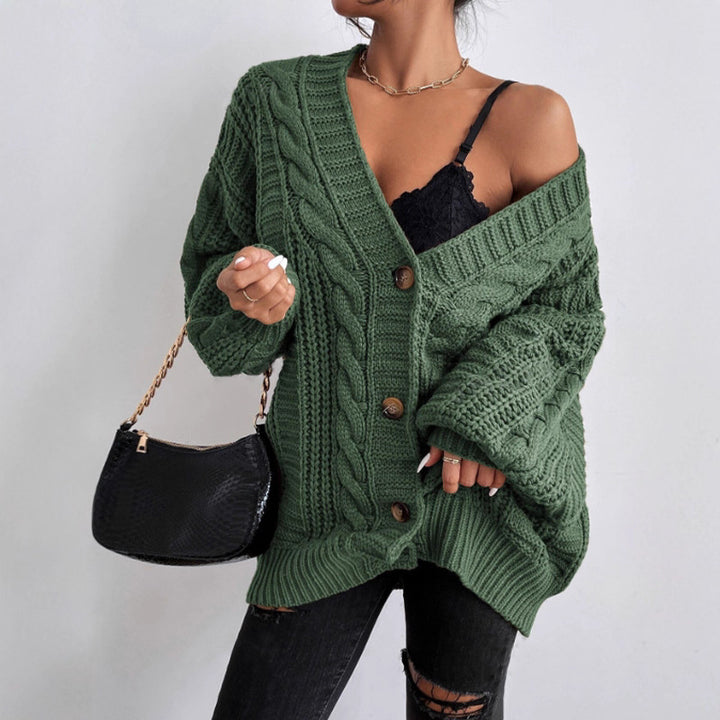 Ladies chunky knit cardigan with wide sleeves and button details Lune London