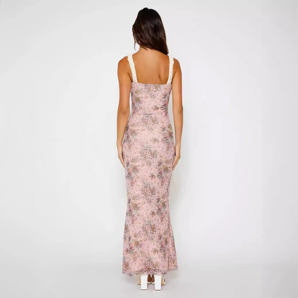 Women's Floral Maxi Dress with Ruffle Details and Fitted Silhouette