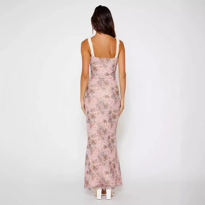 Women's Floral Maxi Dress with Ruffle Details and Fitted Silhouette