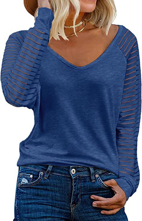 Woman V-neck top with transparent striped sleeves Lune London