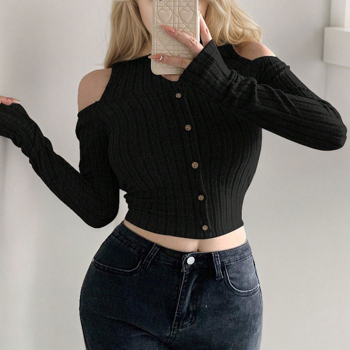 Pull long à manches longues pour femmes, cropped, avec des détails à épaules dénudées et fermeture à boutons Chic & Stil