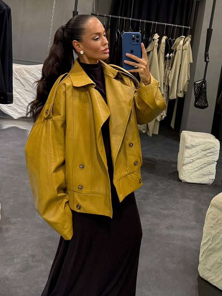 Oversized faux leather jacket for women with double-breasted buttons and trendy cut Lune London