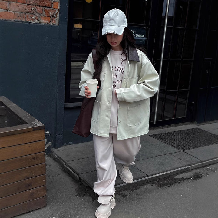 Casual oversized jacket for women with leather collar and practical pockets Lune London