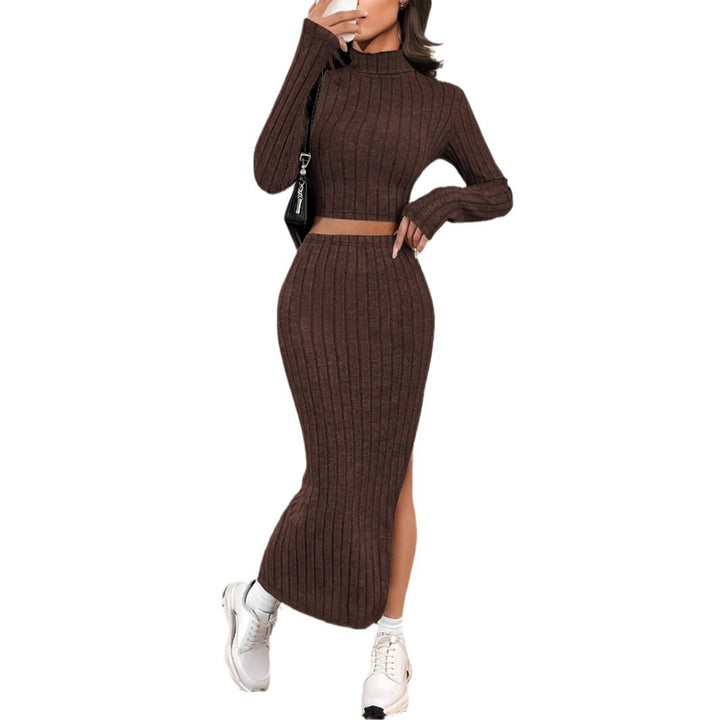 Striped midi dress for women with high collar and slit Lune London