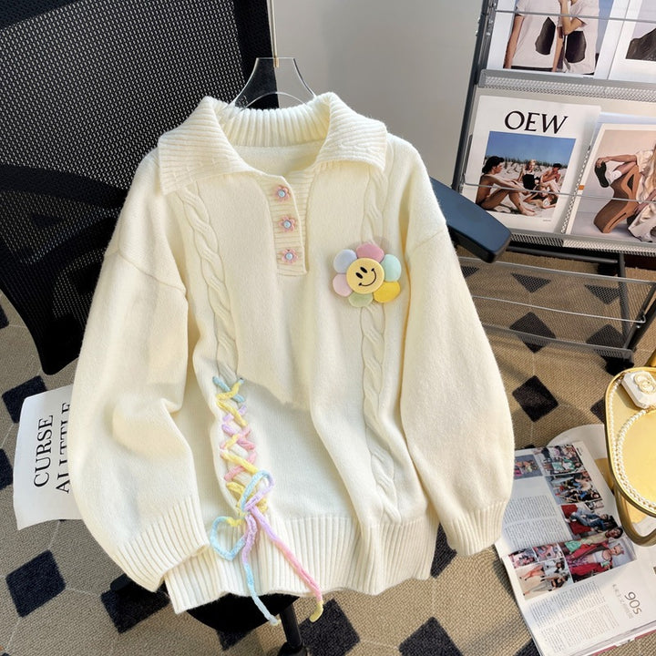 Chunky knit sweater for women with colorful applications and a ribbed structured neckline Lune London